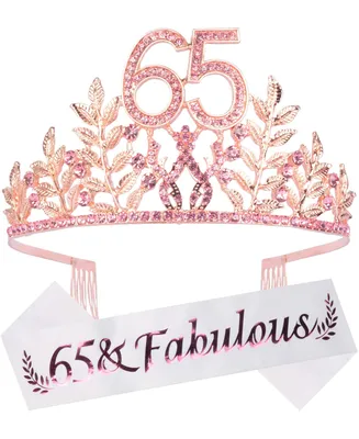 65th Birthday Sash and Tiara for Women - Fabulous Glitter Sash + Leafs Rhinestone Pink Premium Metal Tiara for Her, 65th Birthday Gifts for 65 Party