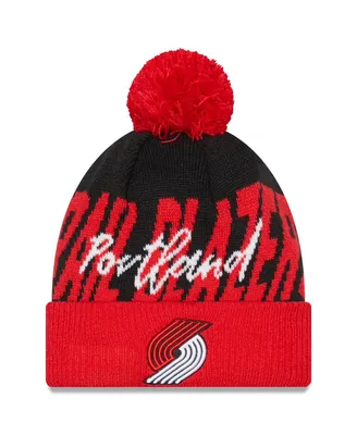 Men's New Era Black, Red Portland Trail Blazers Confident Cuffed Knit Hat with Pom