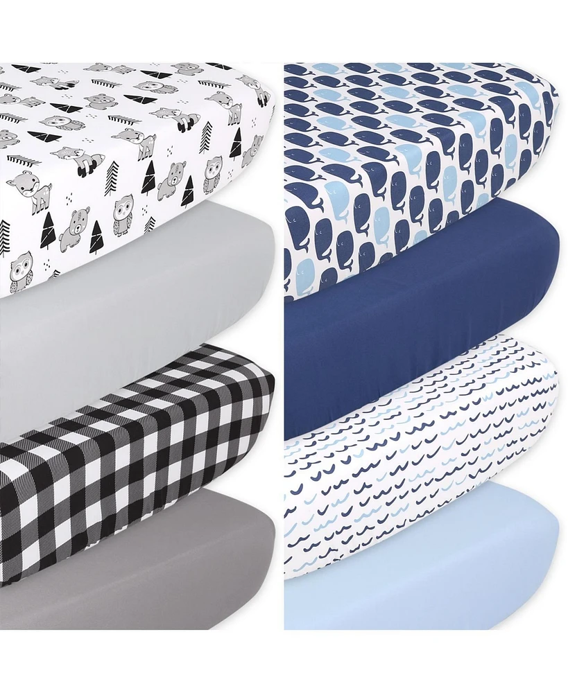 The Peanutshell Woodland Animals and Nautical Fitted Crib Sheets for Boys, 8-Pack Set, Black, White, Blue