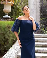 Xscape Plus Off-The-Shoulder Embellished-Sleeve Gown