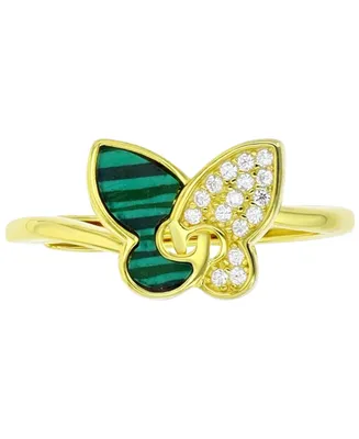 Lab-Grown Malachite & Cubic Zirconia Butterfly Ring in 14k Gold-Plated Sterling Silver