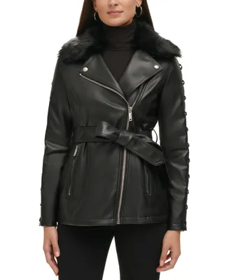 Guess Women's Faux-Fur-Trim Faux-Leather Belted Jacket