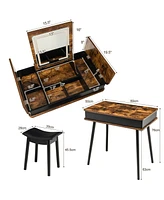 Costway Vanity Table Set Flip Top Mirror Lights Usb Port Cushioned Stool