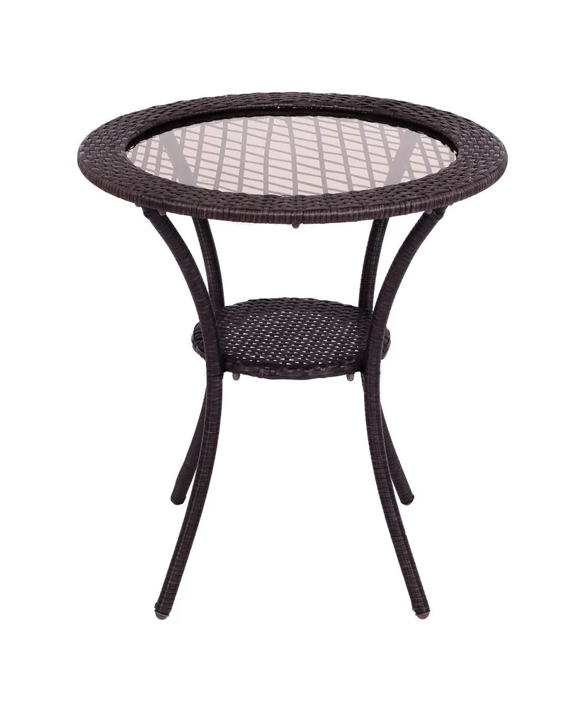 Costway Round Rattan Wicker Coffee Table Glass Top Steel Frame Patio Furni W/Lower Shelf