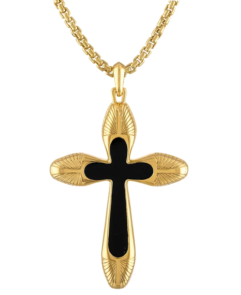 Bulova Men's Icon Black Agate Cross Pendant Necklace in 14k Gold-Plated Sterling Silver, 24" + 2" extender