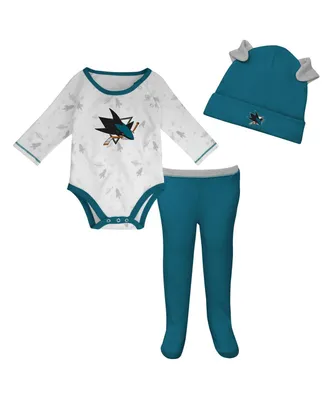 Newborn and Infant Boys and Girls White, Teal San Jose Sharks Dream Team Hat, Pants and Bodysuit Set