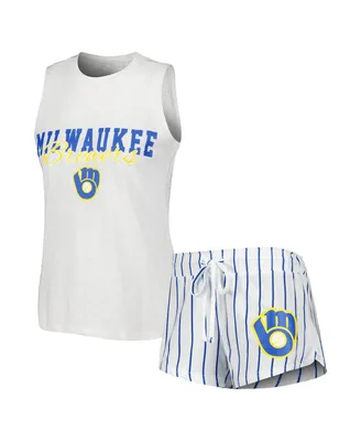 Women's Concepts Sport White Milwaukee Brewers Reel Pinstripe Tank Top and Shorts Sleep Set
