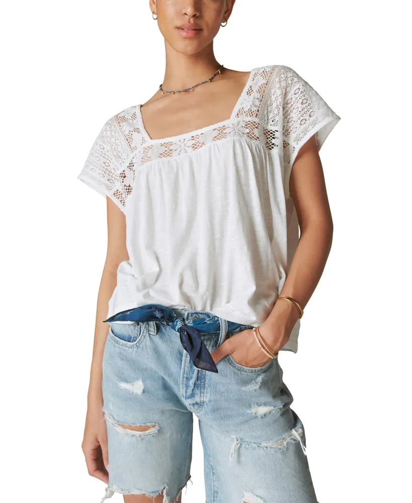 Lucky Brand Women's Square-Neck Lace-Sleeve Tee