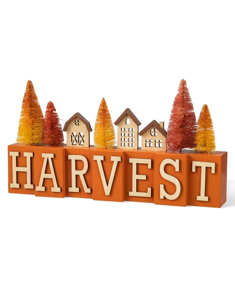 Glitzhome 14" L Harvest Wooden House/Brush Trees Table Decor