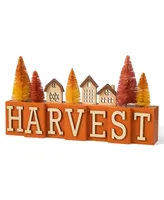 Glitzhome 14" L Harvest Wooden House/Brush Trees Table Decor