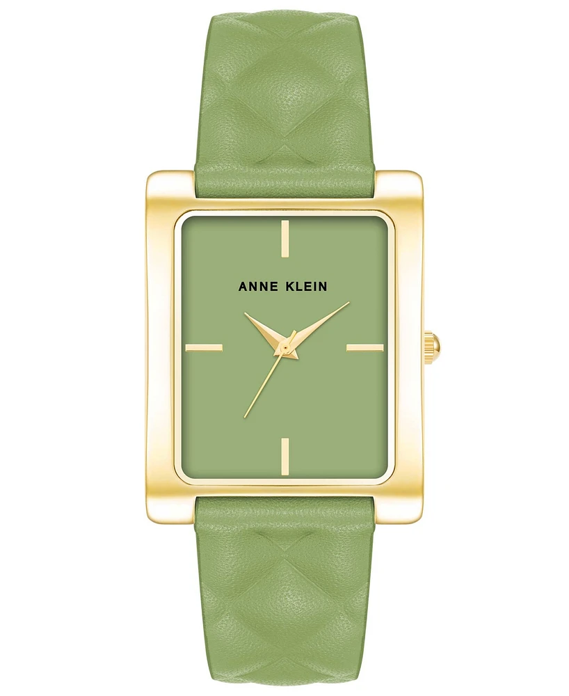 Anne Klein Women's Three Hand Quartz Rectangular Gold-Tone Alloy and Green Genuine Leather Strap Watch, 32mm