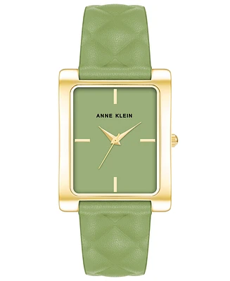 Anne Klein Women's Three Hand Quartz Rectangular Gold-Tone Alloy and Green Genuine Leather Strap Watch, 32mm