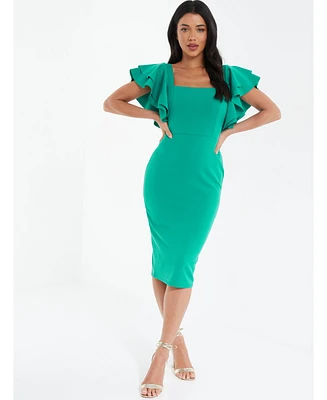 Quiz Women's Square Neck Frill Sleeve Midi Dress