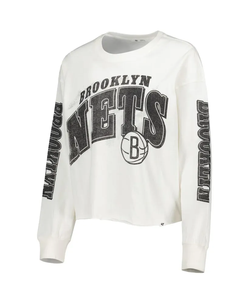 Women's '47 Brand Cream Brooklyn Nets Parkway Brush Back Long Sleeve Cropped T-shirt