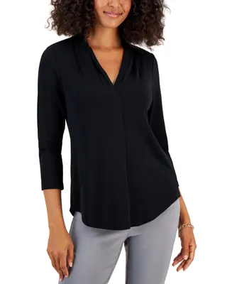 Jm Collection Women's 3/4 Sleeve V-Neck Pleat Top, Created for Macy's