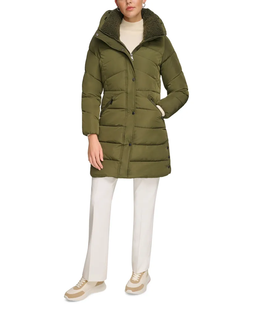 Calvin Klein Women's Petite Faux-Sherpa Collar Hooded Stretch Puffer Coat, Created for Macy's