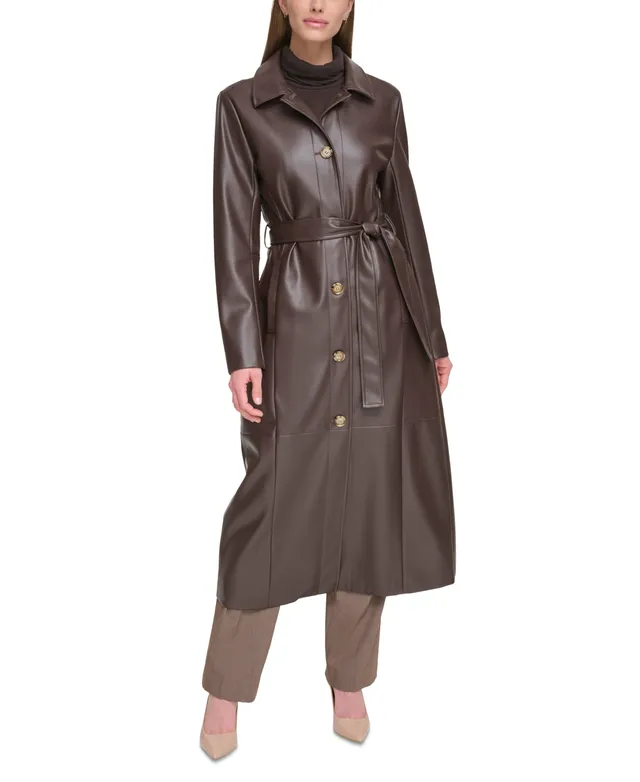 Tahari Women's Petite Natalie Belted Leather Trench Coat - Macy's