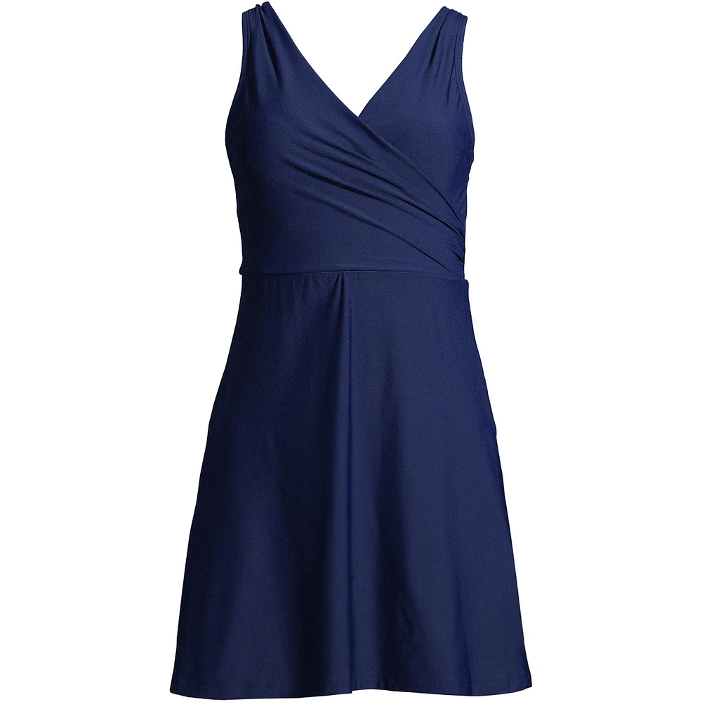 Lands' End Women's Tummy Control Surplice Wrap Swim Dress One Piece Swimsuit