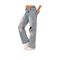 Women's Foldover Waist Jeans With Row Hem And Distressed Details