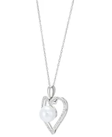 Cultured Freshwater Pearl (7mm) & Diamond (1/7 ct. t.w.) Heart 18" Pendant Necklace in 14k Gold (Also in White Gold)