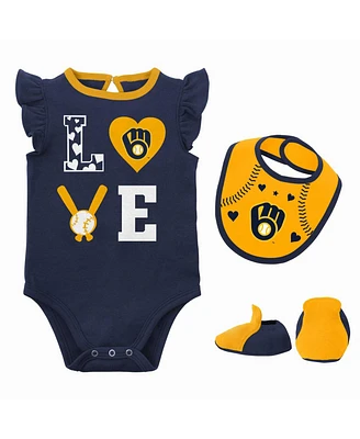 Newborn and Infant Boys Girls Navy, Gold Milwaukee Brewers Three-Piece Love of Baseball Bib Bodysuit Booties Set