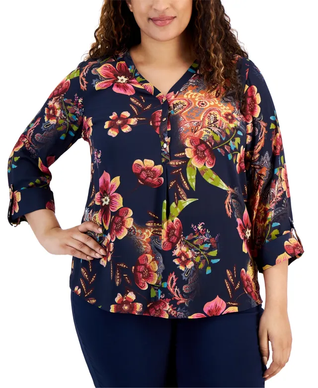 Jm Collection Plus V-Neck Buttoned-Cuff Top, Created for Macy's