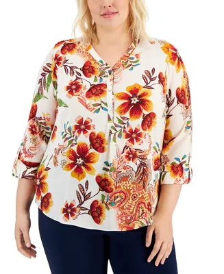 Jm Collection Plus Size Bianca V-Neck Buttoned-Cuff Top, Created for Macy's