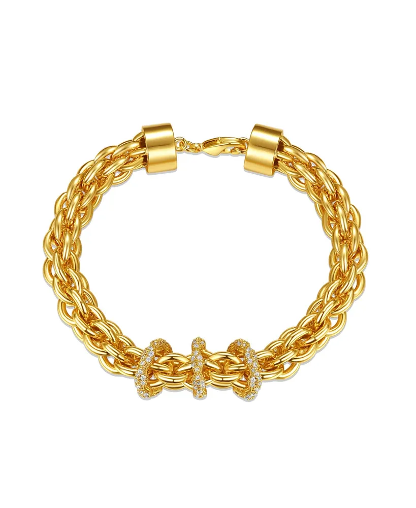 Rachel Glauber 14k Yellow Gold Plated with Cubic Zirconia Triple Circle Round Woven Braided Link Chain Bracelet