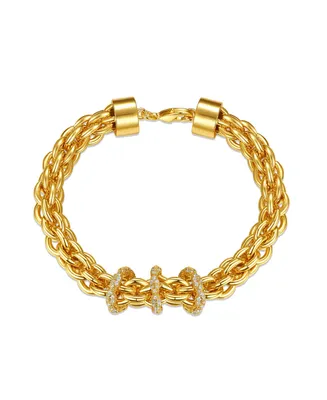 Rachel Glauber 14k Yellow Gold Plated with Cubic Zirconia Triple Circle Round Woven Braided Link Chain Bracelet