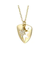 Rachel Glauber 14k Gold Plated with Cubic Zirconia Laser-Cut 6-Pointed Star Triangle Shield Double Pendant Charm Necklace