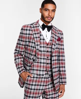 Tayion Collection Men's Classic-Fit Black, Red & White Plaid Suit Separates Jacket
