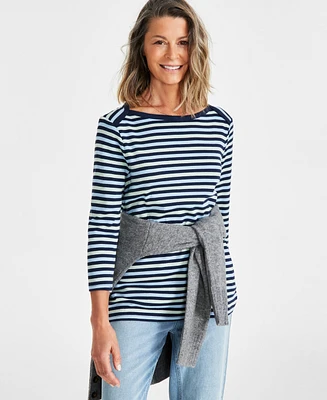 Style & Co Women's Pima Cotton Striped 3/4-Sleeve Top, Created for Macy's