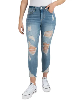 Indigo Rein Juniors' Mid-Rise Distressed Curvy Crop Jeans