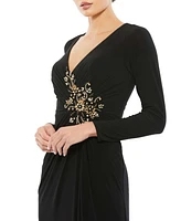 Mac Duggal Women's Faux Wrap Long Sleeve Gown w/ Applique Detail
