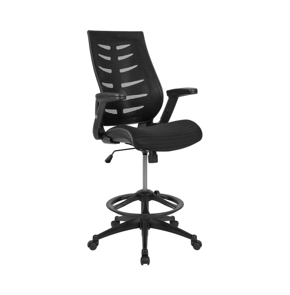 Emma+Oliver High Back Mesh Ergonomic Drafting Chair With Adjustable Flip-Up Arms