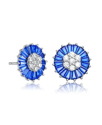 Genevive Sterling Silver with White Gold Plated Round and Baguette Cubic Zirconia Stud Earrings