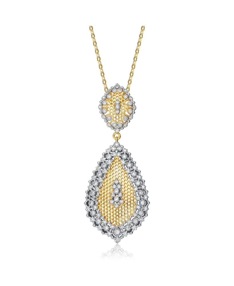 Rachel Glauber White Gold and 14K Gold Plated Cubic Zirconia Paved Teardrop Pendant Necklace