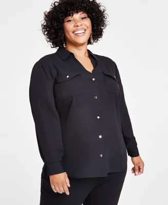 I.n.c. International Concepts Plus Long-Sleeve Button-Front Blouse, Created for Macy's