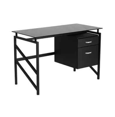 Emma+Oliver Two Drawer Pedestal Desk With Tempered Glass Top And Metal Frame