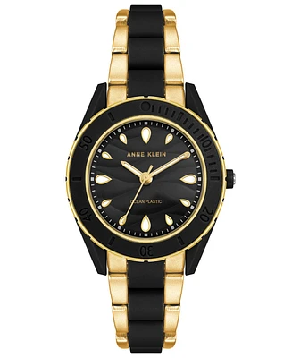 Anne Klein Women's Solar Gold-Tone and Black Oceanworks Plastic Watch, 32mm