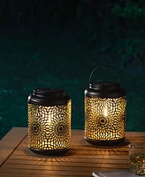 Glitzhome 8.75" H Metal Cutout Solar Powered Outdoor Hanging Lantern with Edison Bulb