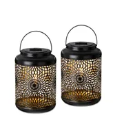 Glitzhome 8.75" H Metal Cutout Solar Powered Outdoor Hanging Lantern with Edison Bulb