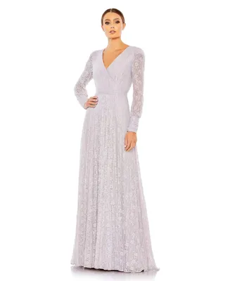 Women's Beaded Lace Long Sleeve Wrap Over Gown
