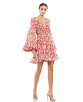 Mac Duggal Women's Ieena Floral Cut Out V Neck Bell Sleeve Mini Dress