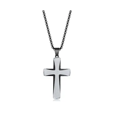 Men's Stainless Steel Black & Silver Single Cz Cross Necklace