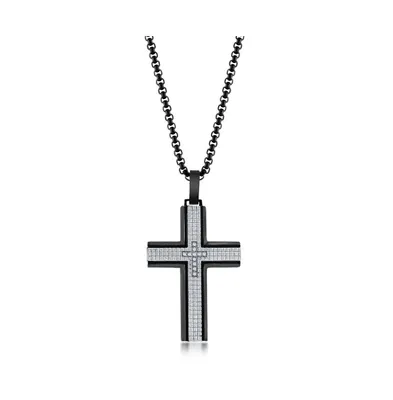 Men's Stainless Steel Black & Silver Cz Cross Necklace