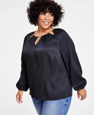 I.n.c. International Concepts Plus Size Long-Sleeve Chain-Hardware Jacquard Blouse, Created for Macy's