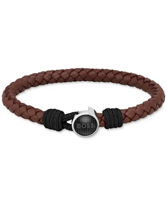 Boss Men's Thad Classic Brown Leather Braided Bracelet