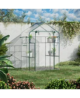 Outsunny Outdoor Walk-in Mini Greenhouse with Mesh Door & Windows, Small Portable Garden Hot House with 6 Shelves, Trellis, & Plant Labels