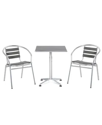 Outsunny 3-Piece Outdoor Patio Bistro Table Set with Aluminum Frame, Woodgrain-Style Tabletop & Draining Slat Design
